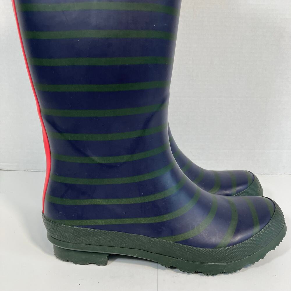 Joules Sz 7 Tall Welly Print Rain Boots Navy & Green Stripe Gold Buckle - Picture 9 of 16